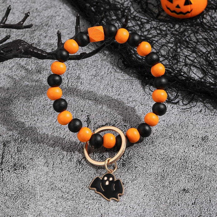Wholesale Halloween Pumpkin Wooden Beaded Wrist Keychain